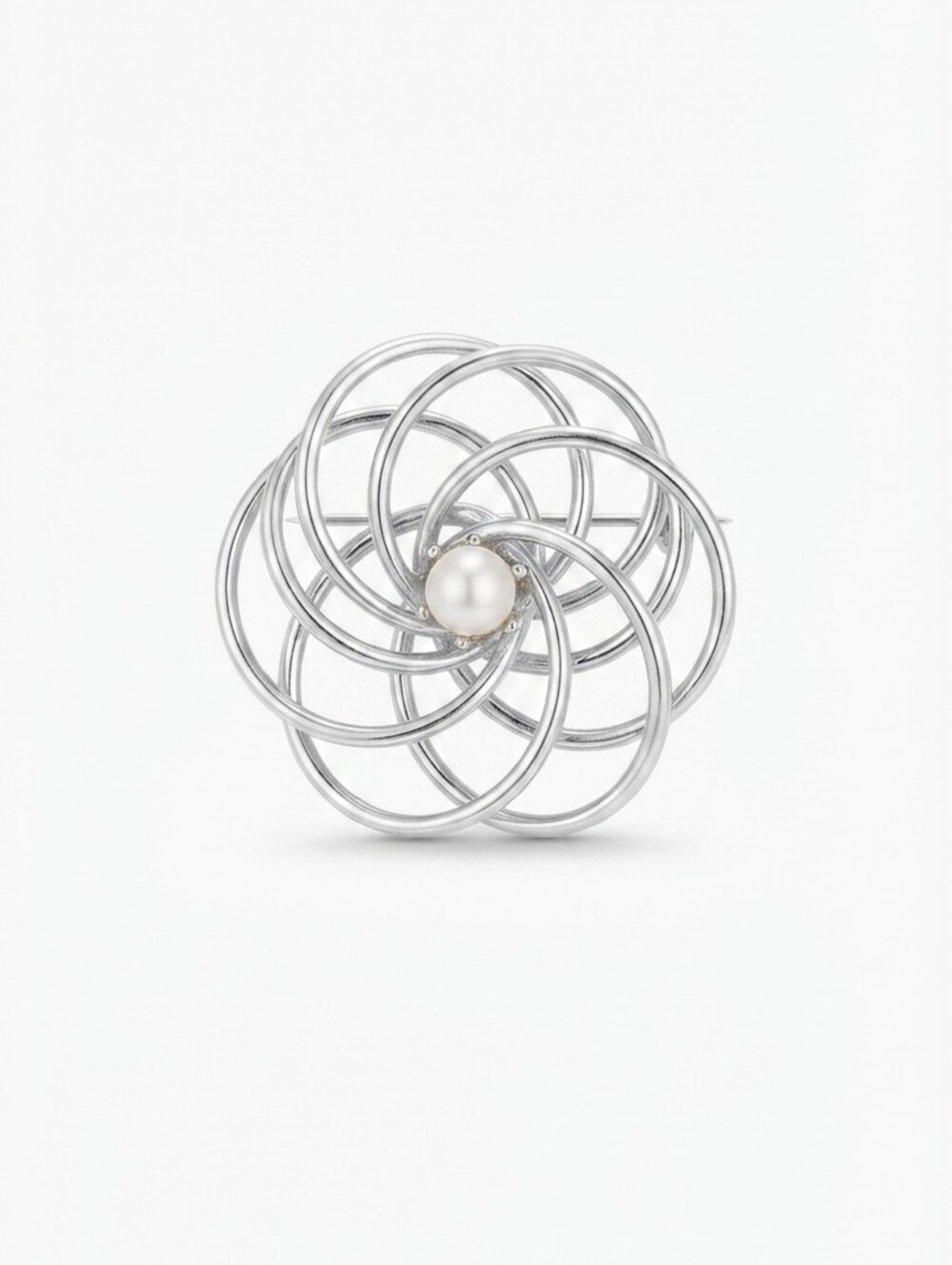 Vintage 1950s Atomic Swirl Brooch with Pearl Center, Mid-Century Modern Silver S